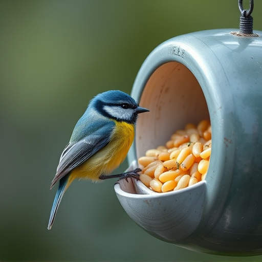 Blue tit clinging to mealworm-filled dish