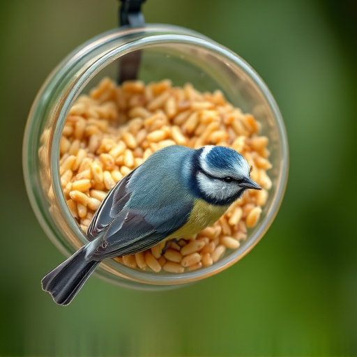 Blue tit clinging to mealworm-filled dish