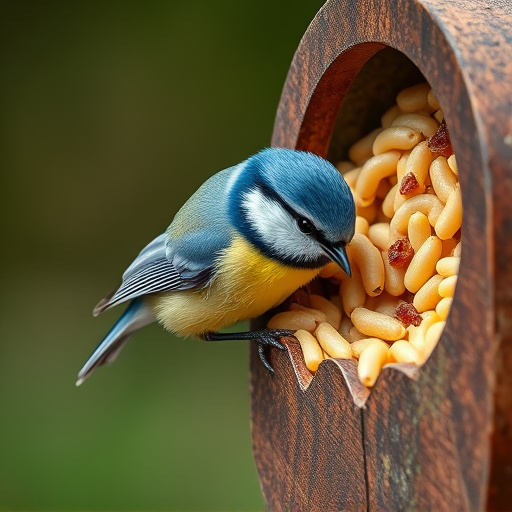 Blue tit clinging to mealworm-filled dish