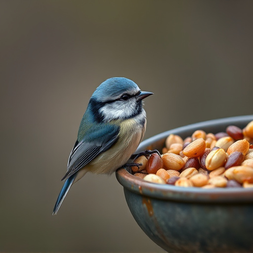 Blue tit clinging to mealworm-filled dish