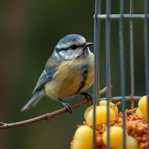 Blue tit eating suet from hanging cage