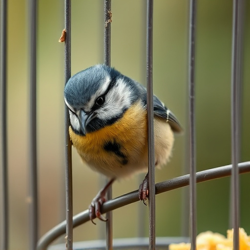 Blue tit eating suet from hanging cage