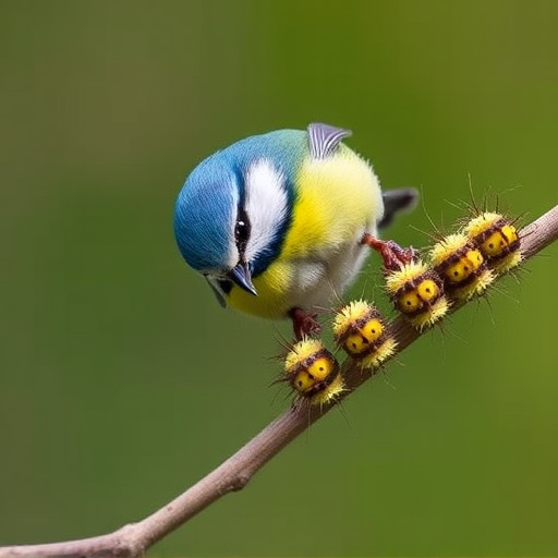 Blue tit feeding on caterpillars