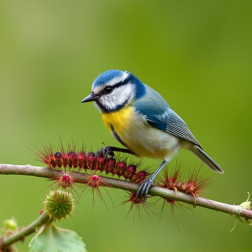 Blue tit feeding on caterpillars