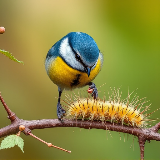 Blue tit feeding on caterpillars