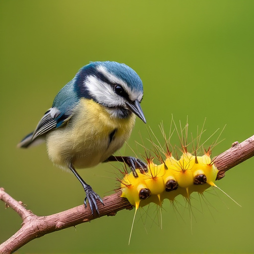 Blue tit feeding on caterpillars