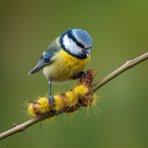 Blue tit feeding on caterpillars