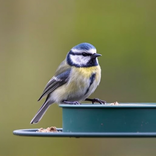 Blue tit feeding on hanging feeder