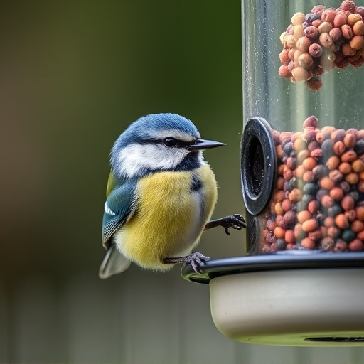 Blue tit feeding on hanging feeder