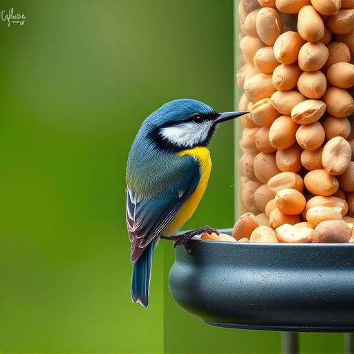 Blue tit feeding on hanging peanut feeder