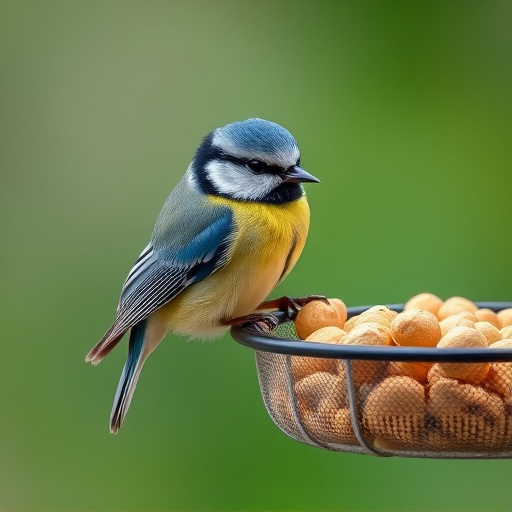 Blue tit feeding on hanging peanut feeder