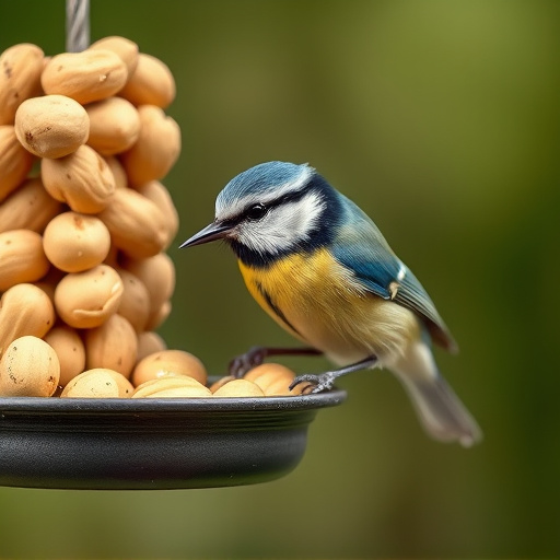 Blue tit feeding on hanging peanut feeder