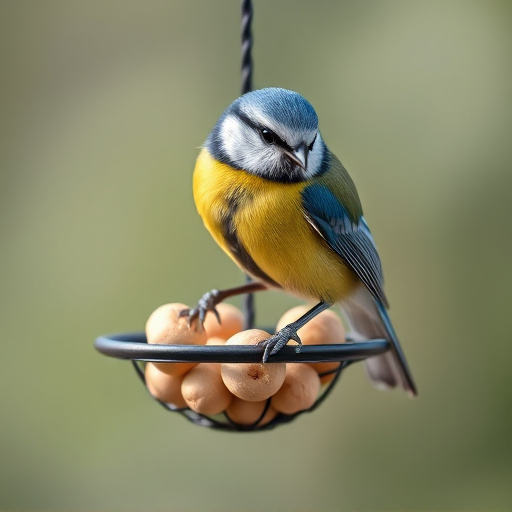 Blue tit feeding on hanging peanut feeder