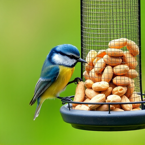 Blue tit feeding on hanging peanut feeder