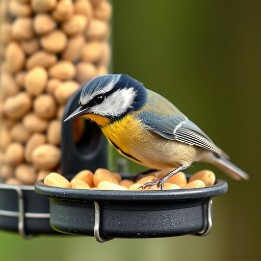 Blue tit feeding on hanging peanut feeder
