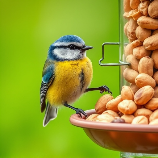 Blue tit feeding on hanging peanut feeder