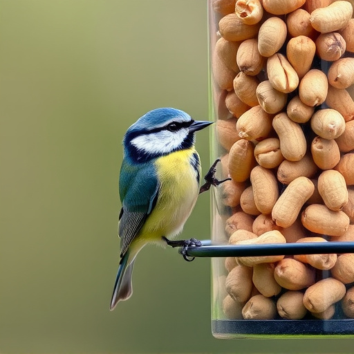 Blue tit feeding on hanging peanut feeder