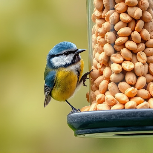 Blue tit feeding on hanging peanut feeder