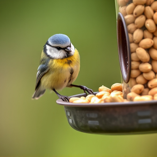 Blue tit feeding on hanging peanut feeder