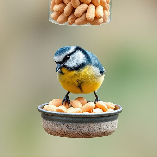 Blue tit feeding on hanging peanut feeder