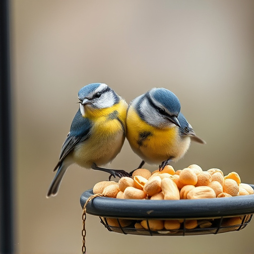 Blue tit feeding on hanging peanut feeder