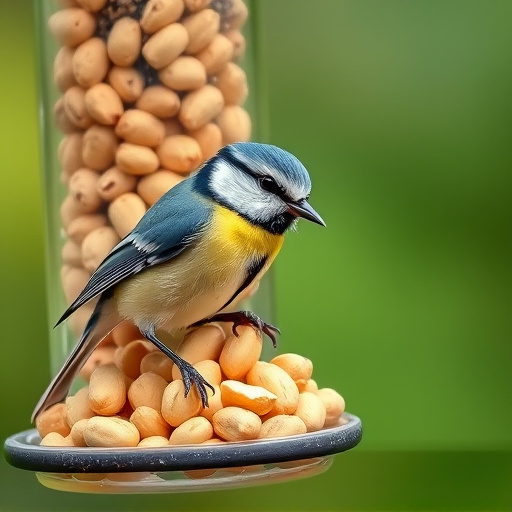 Blue tit feeding on hanging peanut feeder