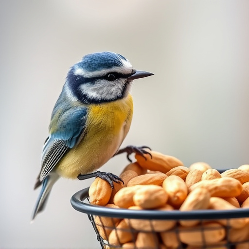 Blue tit feeding on hanging peanut feeder