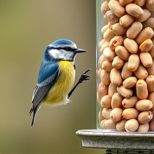 Blue tit feeding on hanging peanut feeder