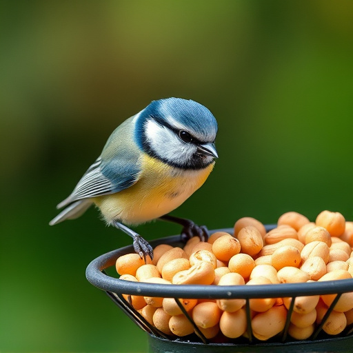 Blue tit feeding on hanging peanut feeder