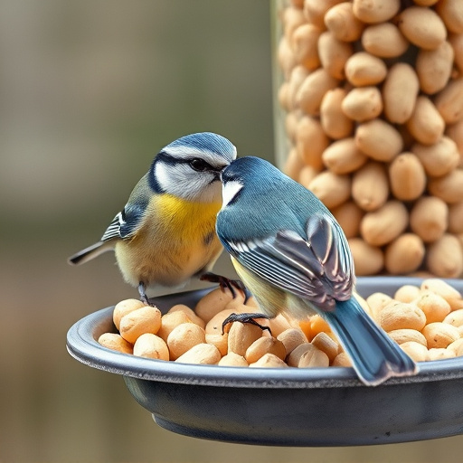 Blue tit feeding on hanging peanut feeder