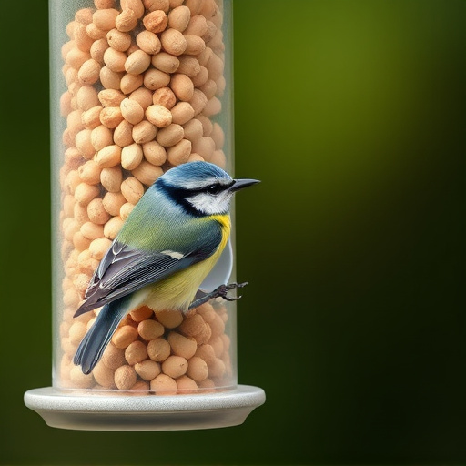 Blue tit feeding on hanging peanut feeder