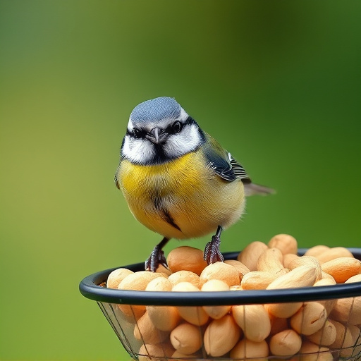 Blue tit feeding on hanging peanut feeder