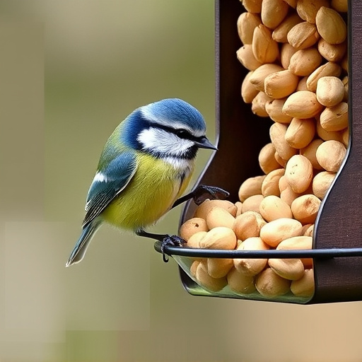 Blue tit feeding on hanging peanut feeder
