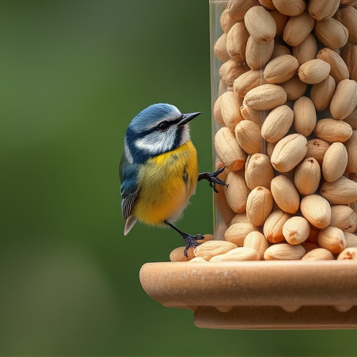 Blue tit feeding on hanging peanut feeder