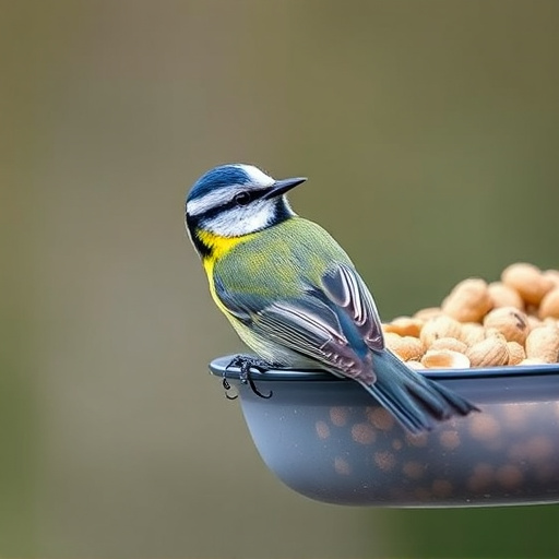 Blue tit feeding on hanging peanut feeder