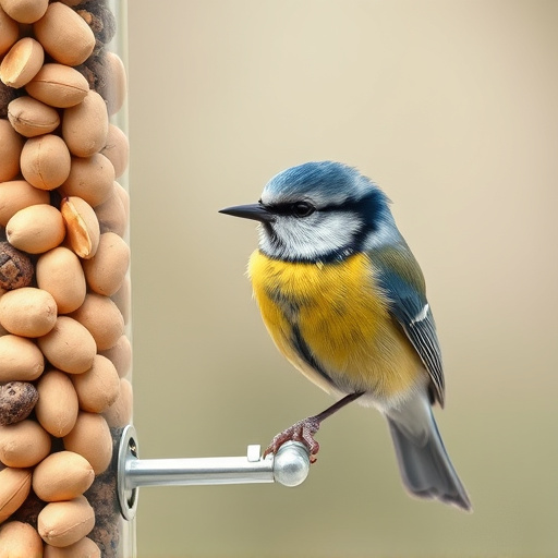 Blue tit feeding on hanging peanut feeder
