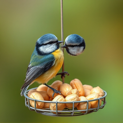 Blue tit feeding on hanging peanut feeder