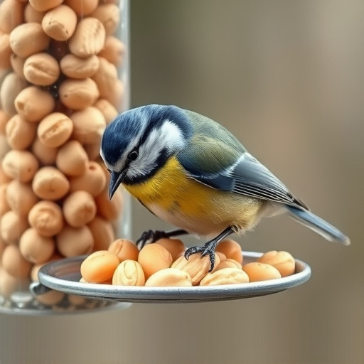 Blue tit feeding on hanging peanut feeder