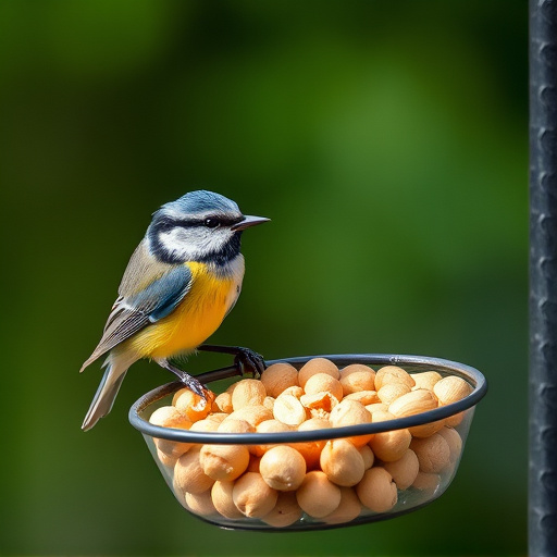 Blue tit feeding on hanging peanut feeder
