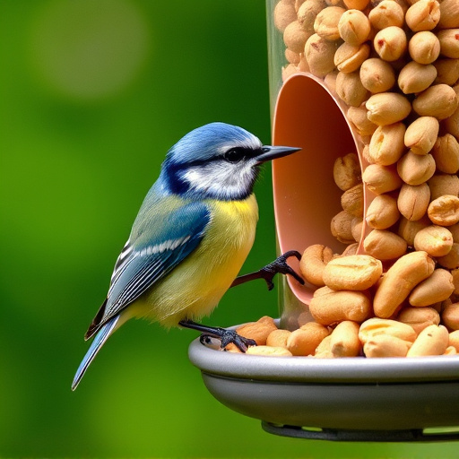 Blue tit feeding on hanging peanut feeder