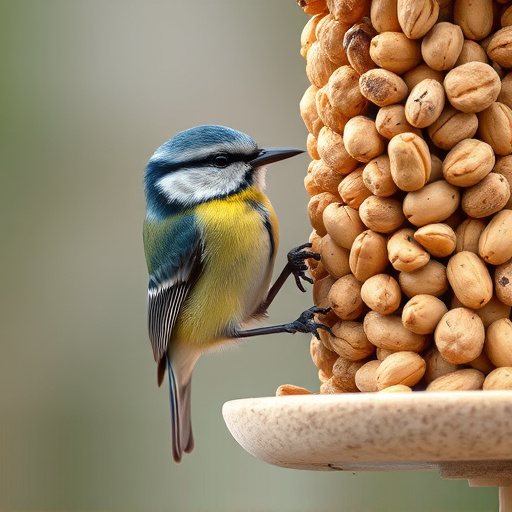 Blue tit feeding on hanging peanut feeder