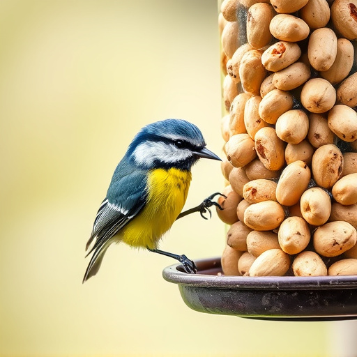 Blue tit feeding on hanging peanut feeder