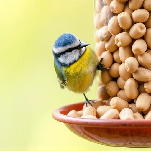 Blue tit feeding on hanging peanut feeder