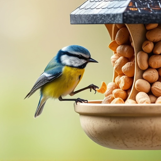 Blue tit feeding on hanging peanut feeder