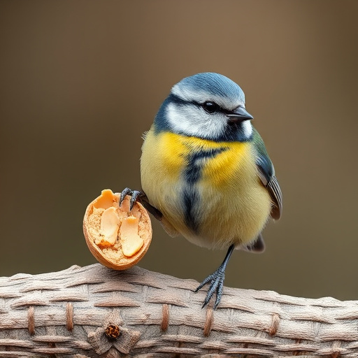 Blue tit holding peanut piece