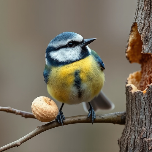 Blue tit holding peanut piece