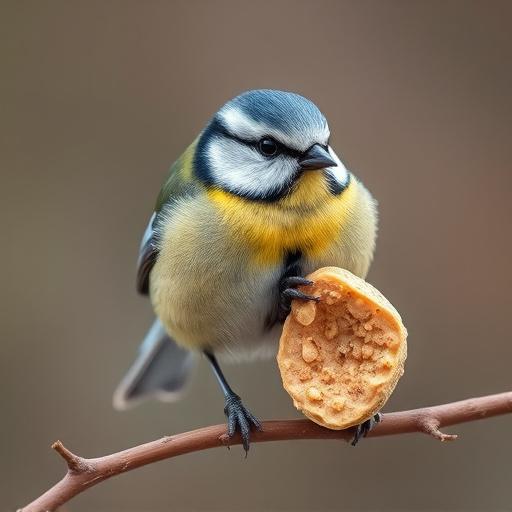 Blue tit holding peanut piece