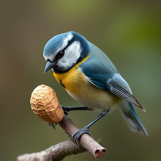 Blue tit holding peanut piece