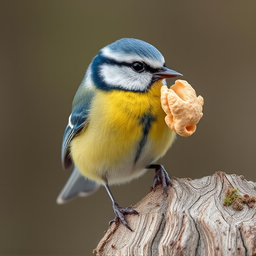 Blue tit holding peanut piece