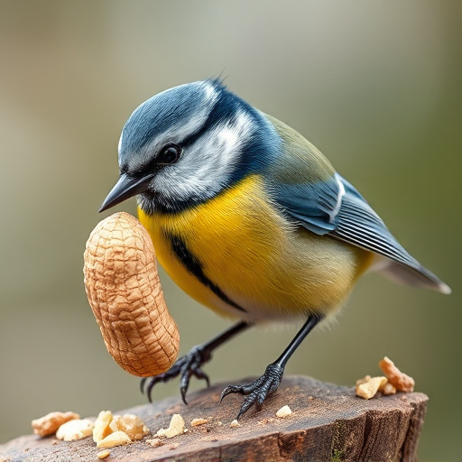 Blue tit holding peanut piece